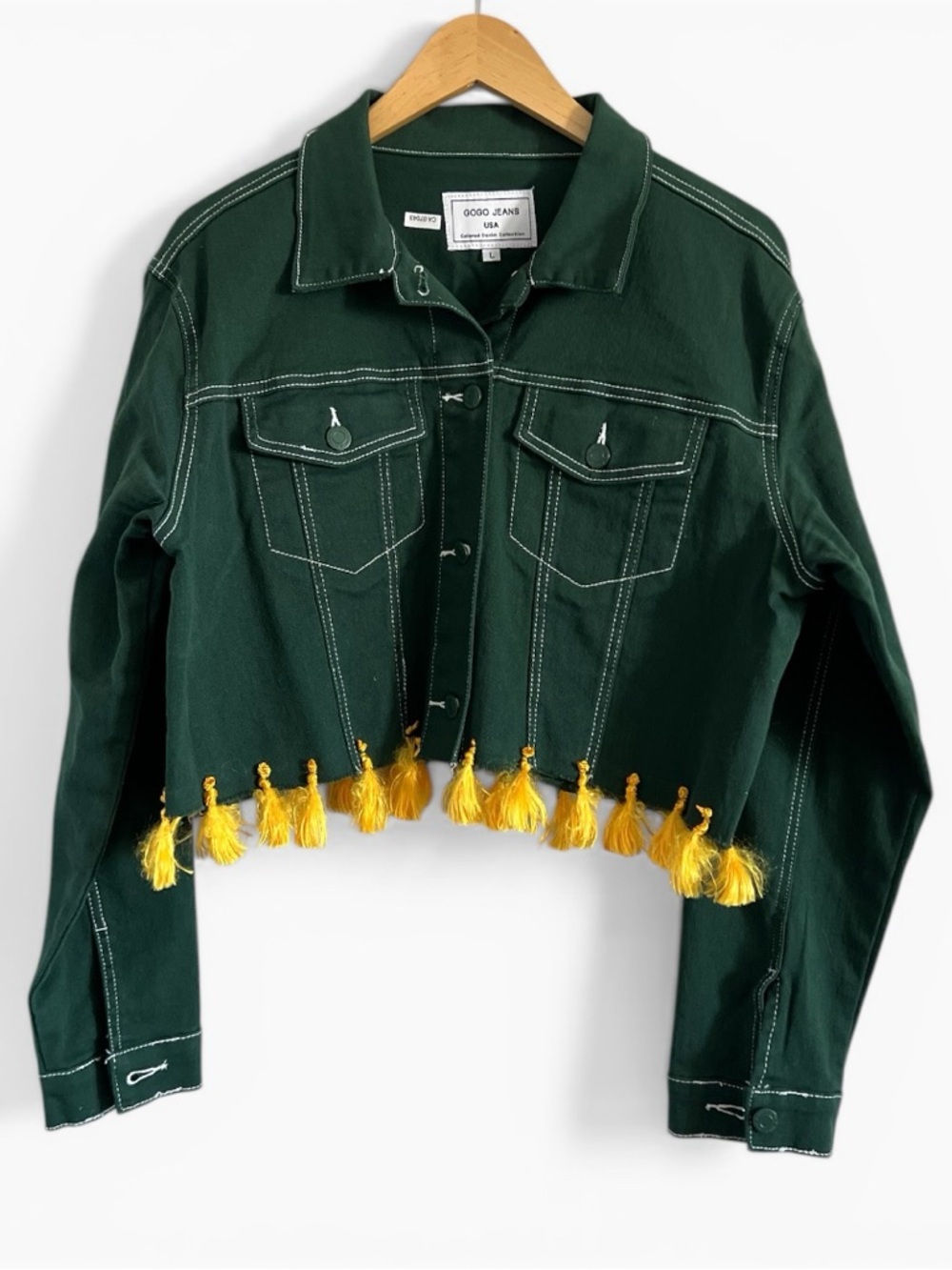 GOGO Dark Green Cropped Jean Jacket with Yellow Tassels